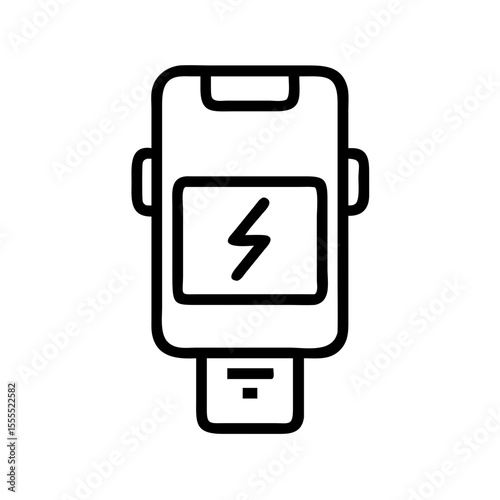 Portable power bank with lightning bolt symbol for charging phone. Energy power supply concept. Outline style vector icon.