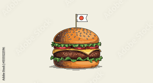 Delicious Juicy Beef Burger Topped with a Small Japanese Flag on a Clean Light Background