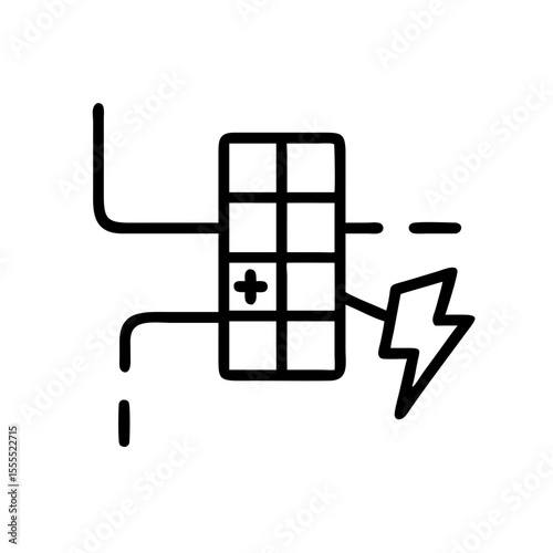 Solar panel with lighting bolt and wire connection. Alternative energy production technology. Energy saving concept. Vector outline icon