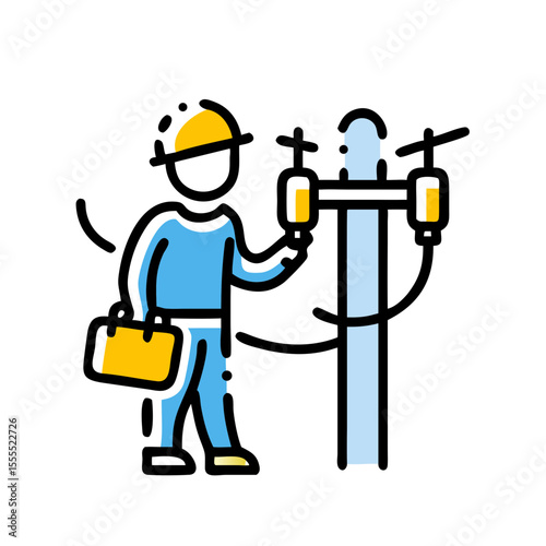 Man electrician with tool bag working on electric pole. Electricity maintenance. Line, color, scribble style icon for app, web design