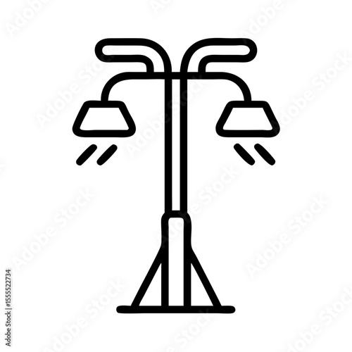 Double street light pole with two illuminated lamps in outline style, for city and urban design concept. Vector icon for website, application