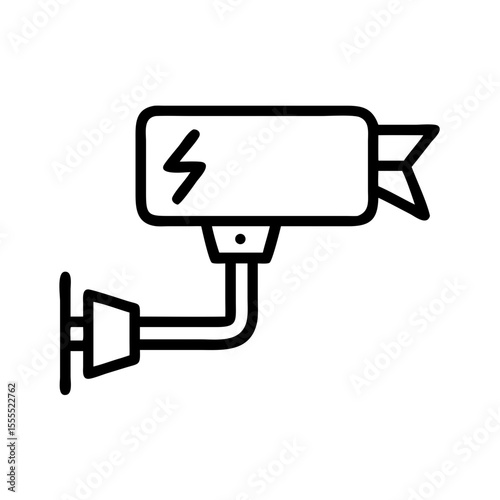 Security camera fixed on a wall with a lightning symbol, indicating surveillance and real-time monitoring. Vector icon for website, application, graphic