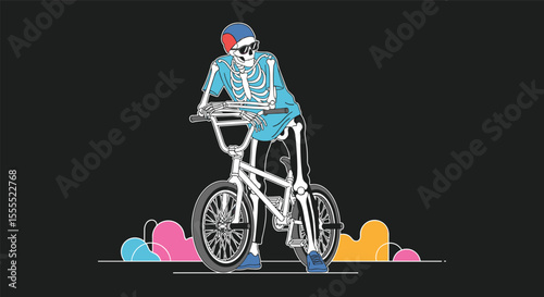 An Illustrated Skeleton Cyclist in a Blue Outfit Rides a White Bicycle with Colorful Puffy Clouds Below on a Dark Background