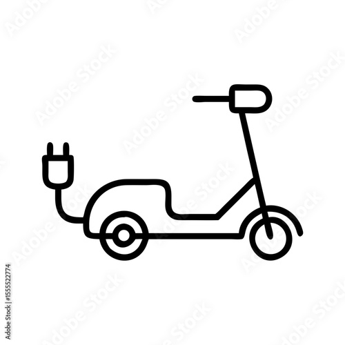 An electric scooter with a charging plug in outline style. E-mobility and transport concept. Vector icon for app, web design