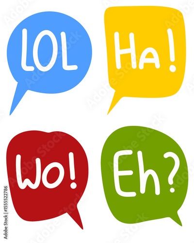 Set of colorful speech bubbles. Speech bubbles with LOL, HA!, WO!, EH? word. Suitable for design, element, sticker, manga, comic, etc.