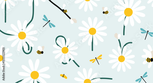 A Delicate Summer Meadow Filled with Daisies Dragonflies and Busy Bees Buzzing Happily Amidst Floral Blooms