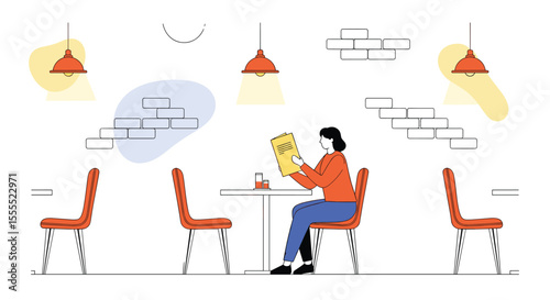 A Woman Sits Alone at a Table in a Brightly Lit Restaurant Looking at the Menu