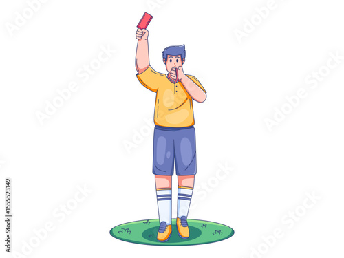 Illustration of a football referee on the field holding up a red card to indicate a serious foul or player ejection. 
The referee stands with authority, symbolizing rule enforcement and discipline
