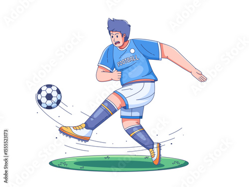 illustration of a football player kicking the ball with enthusiasm and energy on a green field. 
The player’s motion and posture reflect a thrilling moment in the game, emphasizing competitive spirit.