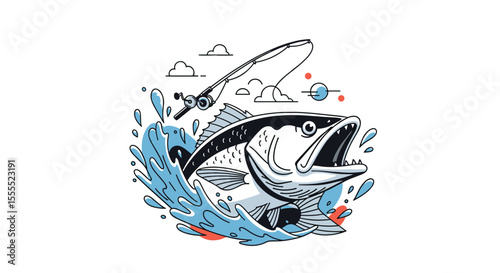 Exciting Fishing Adventure Catching a Large Fish Jumping Out of the Water with a Fishing Rod and Spraying Water Outdoors