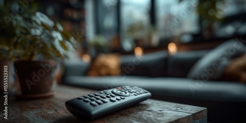 Cozy Living Room Scene with Remote Control on Wooden Table