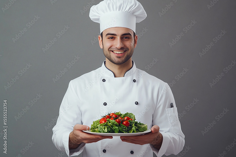 A smiling chef in white uniform holding a plate of salad with cherry tomatoes up close A smiling chef in white uniform holding a plate of salad with cherry tomatoes up close