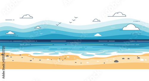 Expansive Ocean Panorama Featuring Rolling Waves on a Sandy Beach Under a Bright Sky with Scattered Clouds