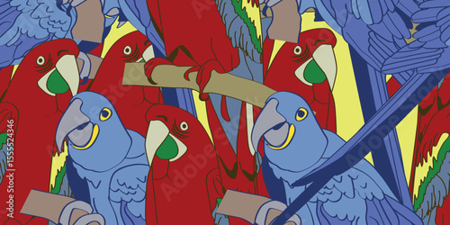 Bird red-and-yellow,Hyacinth macaw seamless pattern vector illustration isolate white background.