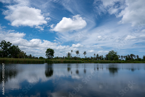 Rural Lakeside View with Beautiful Cloud Reflections.