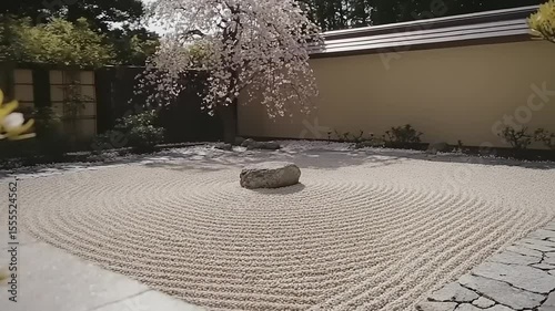 Zen garden with raked sand patterns