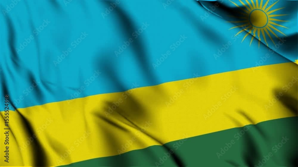 3D animation of the national flag of Rwanda waving in slow motion. Close-up view with realistic fabric texture in 4K resolution. Ideal for Independence Day, patriotic videos, and national celebrations