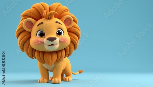 Cute Cartoon Lion with Fluffy Mane on Blue Background