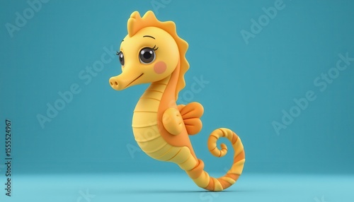 Cute Cartoon Seahorse Character in Bright Colors on Blue Background