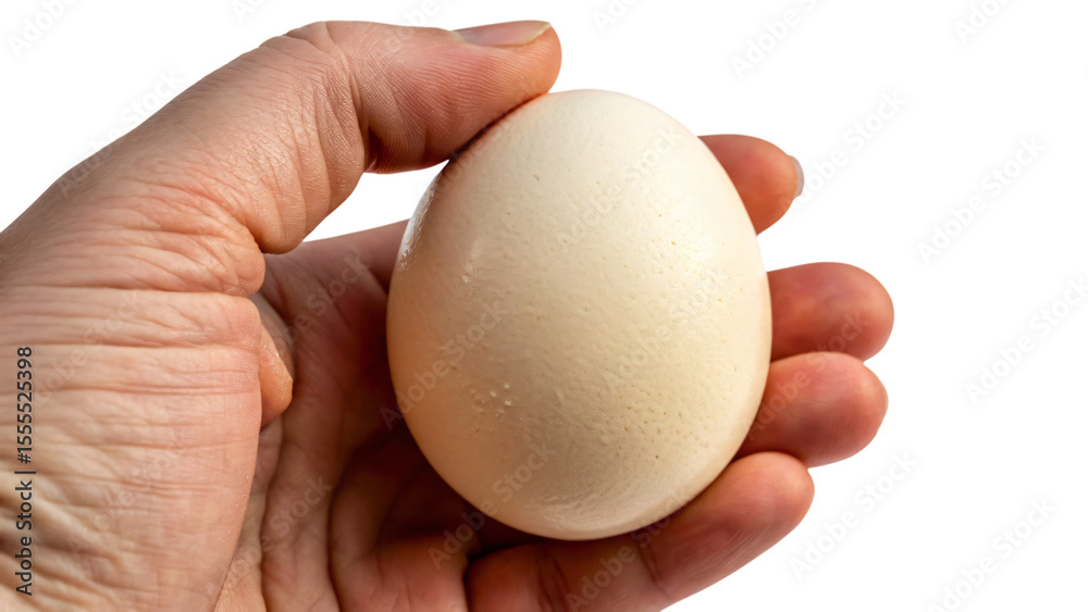Hand holding a white raw chicken egg, isolated for a healthy breakfast ingredient Hand holding a white raw chicken egg, isolated for a healthy breakfast ingredient