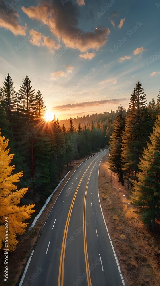 Obraz premium Overhead shot of a countryside road sunset time