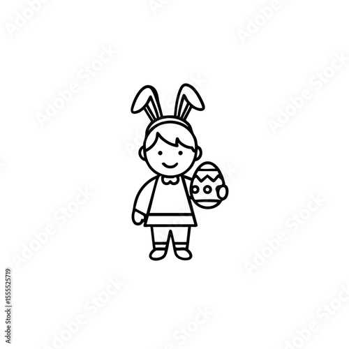 Easter bunny kid icon in outline style holding decorated egg