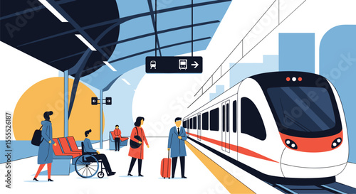 Modern urban train station platform with diverse people waiting for public transportation on a sunny day with clear blue sky and city skyline in the background