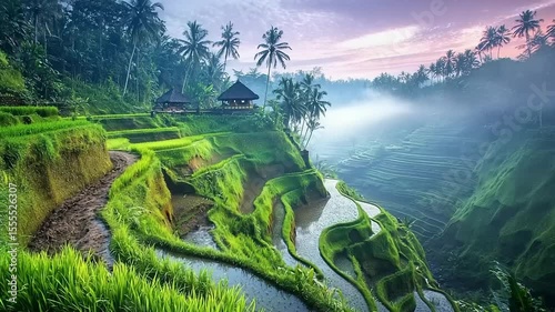 Lush terraced rice paddies at sunrise