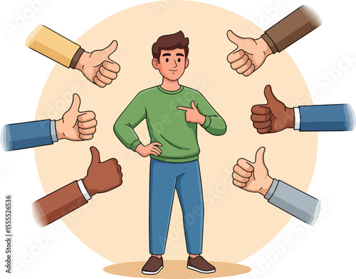 A young man stands confidently, surrounded by approving thumbs-up gestures from diverse hands.