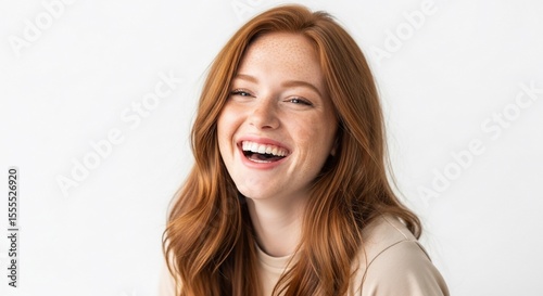 Radiant redhead womans joyful freckled face shining