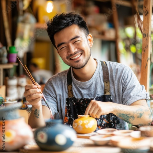 Smiling Asian Man Painting Pottery in Workshop