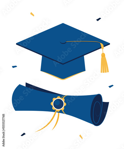 Graduation cap and diploma on white background. Blue hat with tassel and paper scroll with badge. Concept of education and degree ceremonies. 