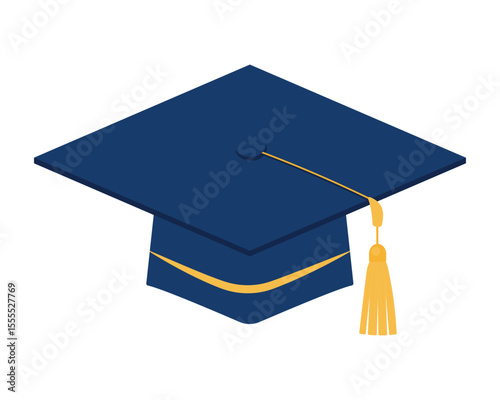 Blue graduation cap with gold tassel on white background. Mortarboard.  Vector element for design.