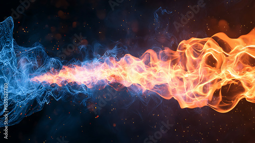 A blue and orange flame is shown in the air
