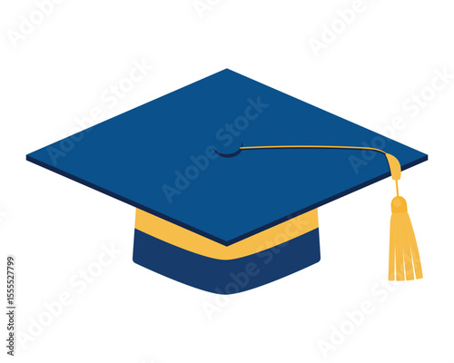 Mortarboard. Blue graduation cap isolated on white background. Vector element for design.	