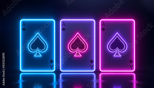 Three ace of spades cards with neon outlines in blue pink and purple on a dark reflective surface