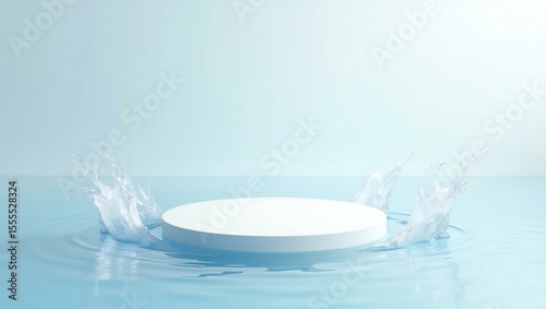 Serene white platform in aqua water splashes