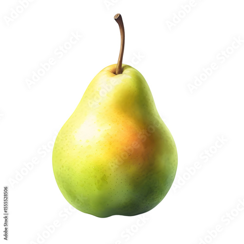 A botanical illustration-style watercolor of a single Bartlett pear, showcasing its iconic bell shape against a stark white background. The painting features a flawlessly smooth.