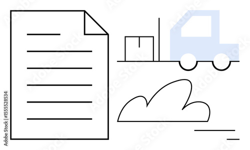 Truck carrying a box near a document and cloud indicating transportation, paperwork, and cloud service integration. Ideal for logistics, delivery, shipping, supply chain, documentation, e-commerce