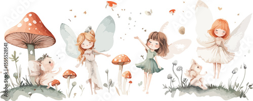 Watercolor Illustration of Fairies Squirrels and Mushrooms in a Forest Scene