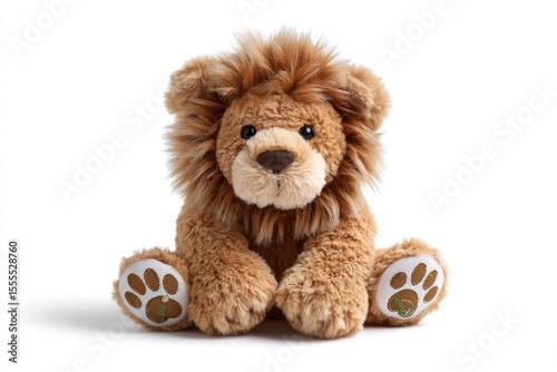 A plush lion sits with embroidered paw prints casting a small shadow on a white background