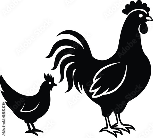 A silhouette vector illustration of a rooster and hen, farm poultry birds, isolated on white, rooster and hen, side view, mascot, emblem, decorative, simple