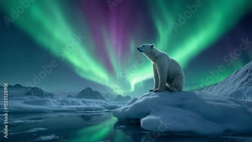 Polar bear sitting on ice under aurora borealis with mountains in the background at night time video