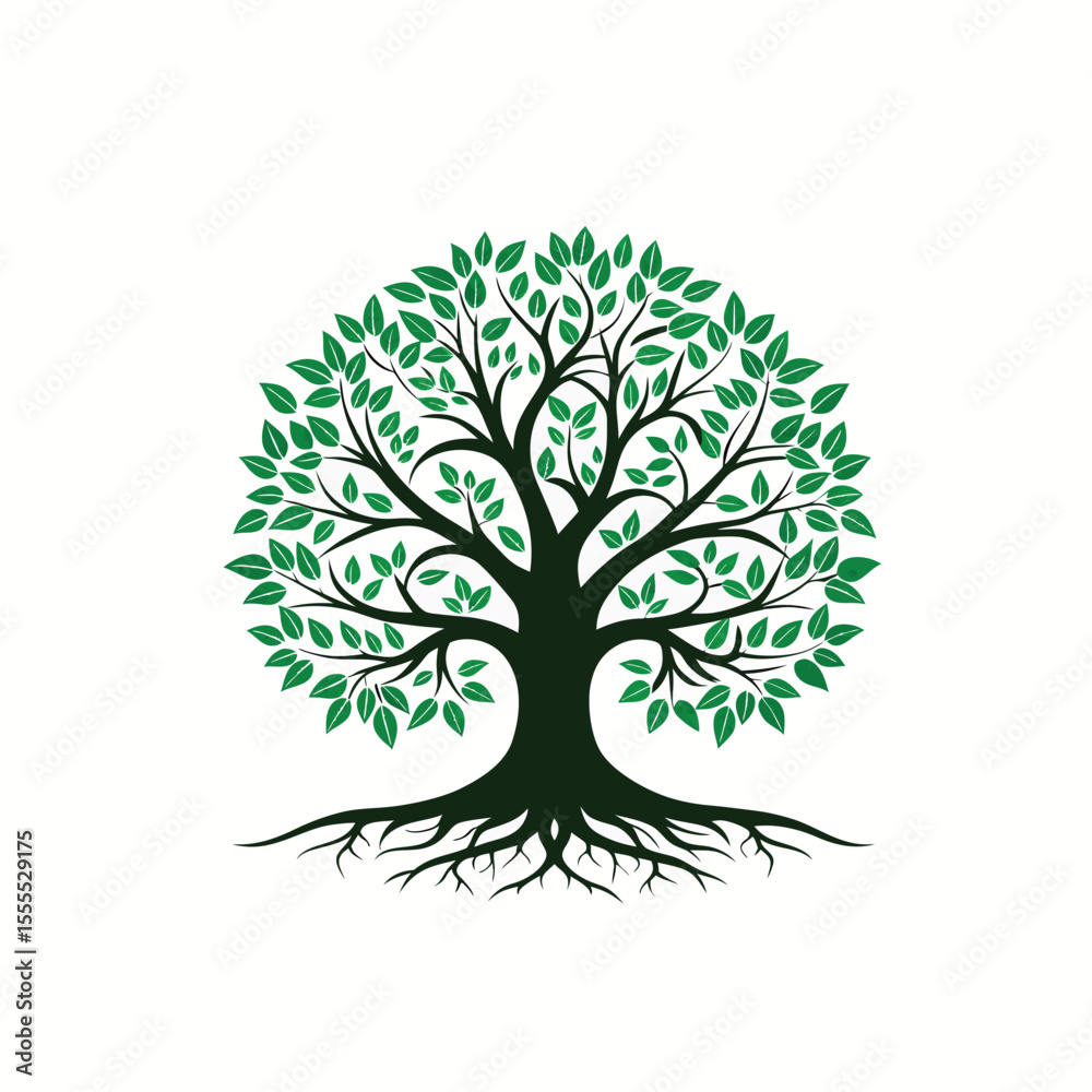 Naklejka premium Green Leafy Tree with Roots – Eco Friendly Nature Symbol