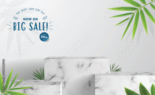 Big Summer Sale Tropical Paradise Marble Display, 50% Off! Discover stunning marble product showcases adorned with lush tropical leaves, perfect for summer promotions.  Enjoy huge discounts now!