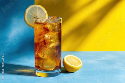 A tall glass filled with ice tea garnished with a lemon slice A halfcut lemon rests on a twotoned blue and yellow surface