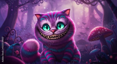 Strange Cheshire Cat in a Magical Purple Forest with Glowing Eyes