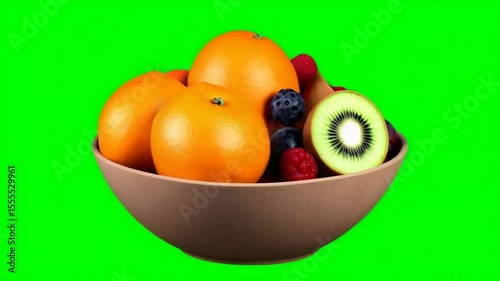 Bright fruit bowl featuring oranges, kiwi, and mixed berries on a vibrant green background