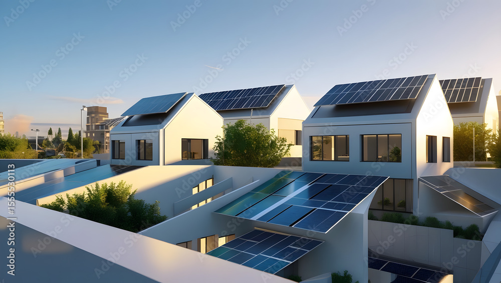 Sustainable living: Modern houses equipped with solar panels, embracing green energy Sustainable living: Modern houses equipped with solar panels, embracing green energy