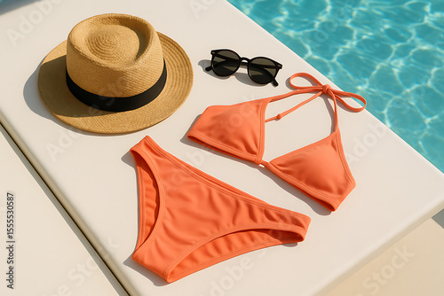 National bikini day leisure, vibrant orange swimwear, stylish straw hat, and cool sunglasses perfectly set by the sparkling blue poolside, ultimate summer vibes